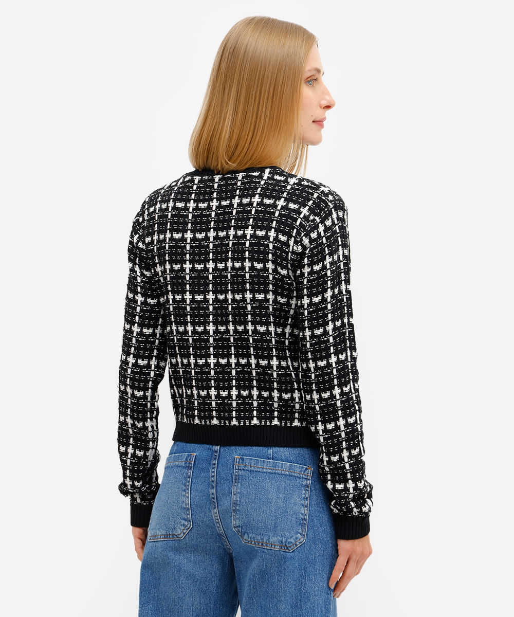 cardigan feminino de tricot tweed xadrez preto