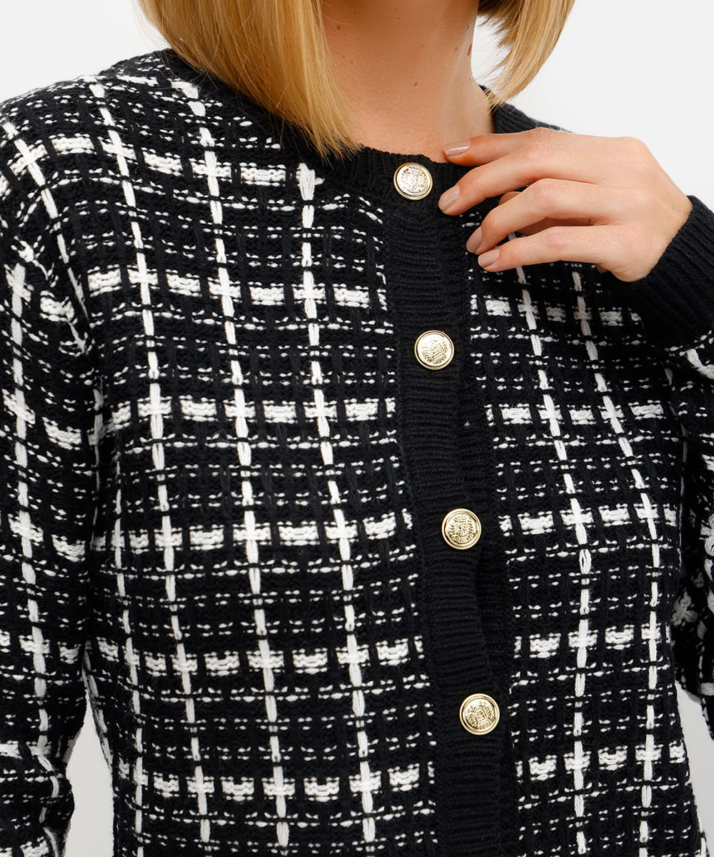 cardigan feminino de tricot tweed xadrez preto