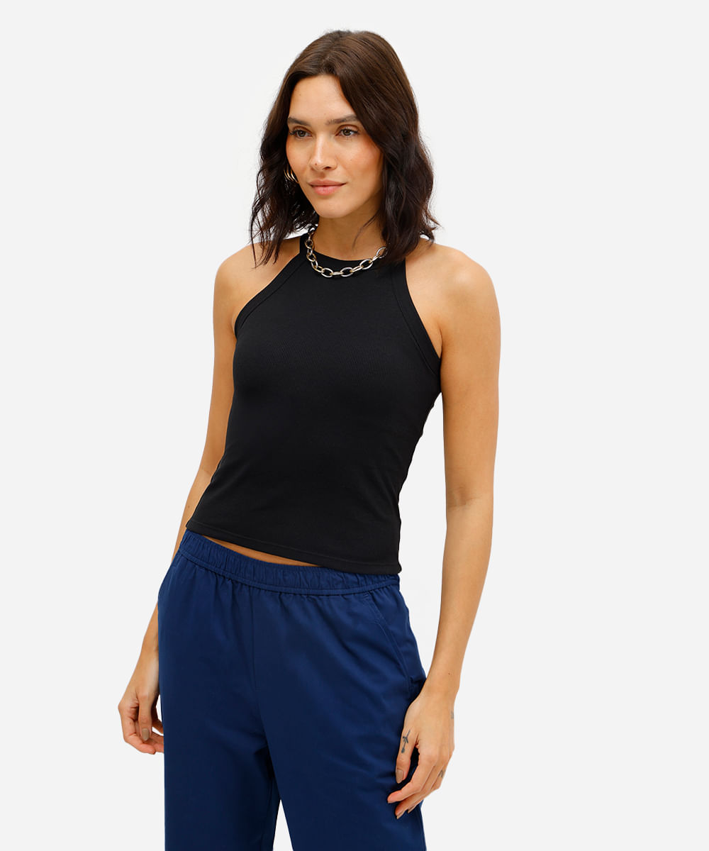 regata básica feminina de algodão halterneck com bojo preta