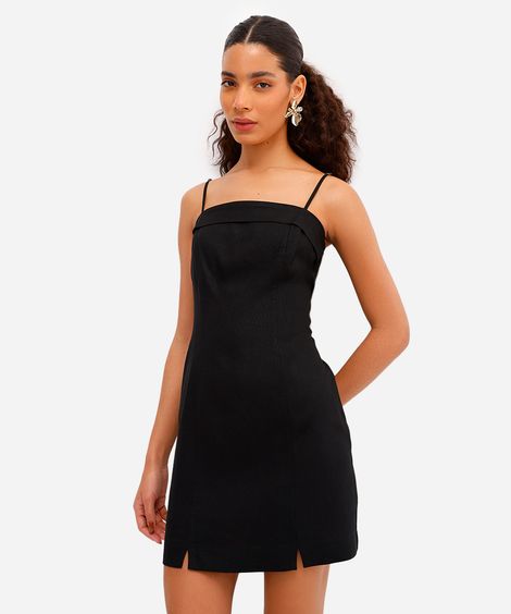 vestido curto feminino alça fina com linho e fendas preto