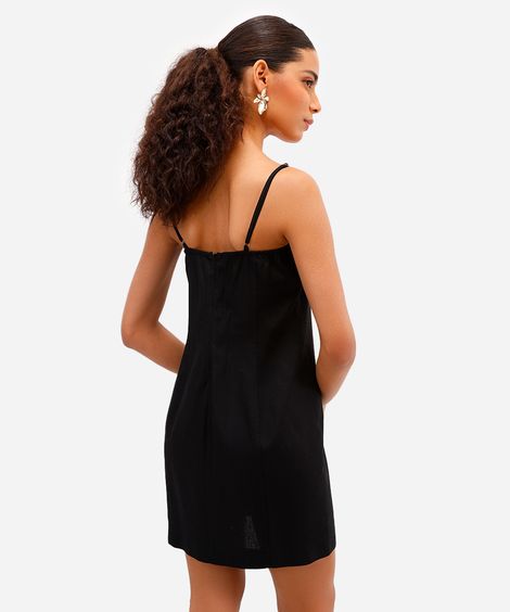 vestido curto feminino alça fina com linho e fendas preto