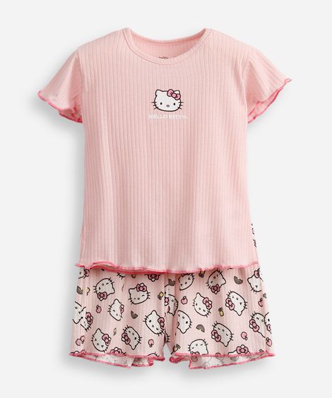 pijama curto infantil canelado hello kitty rosa