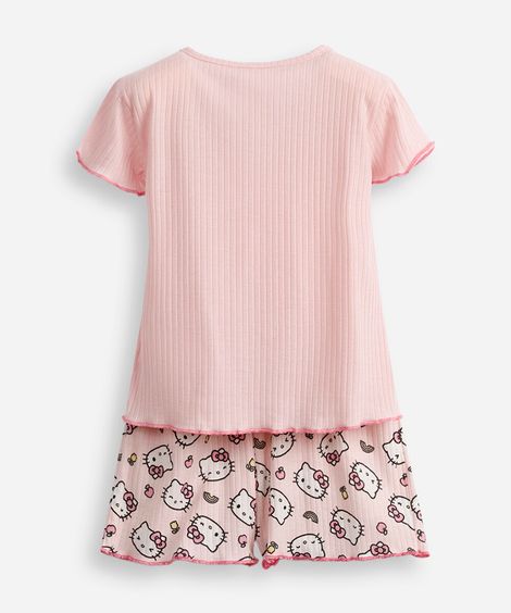 pijama curto infantil canelado hello kitty rosa