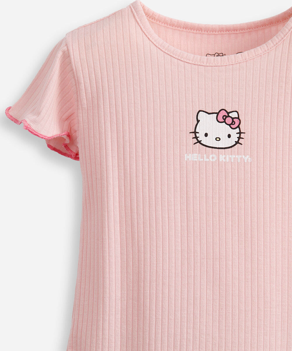 pijama curto infantil canelado hello kitty rosa