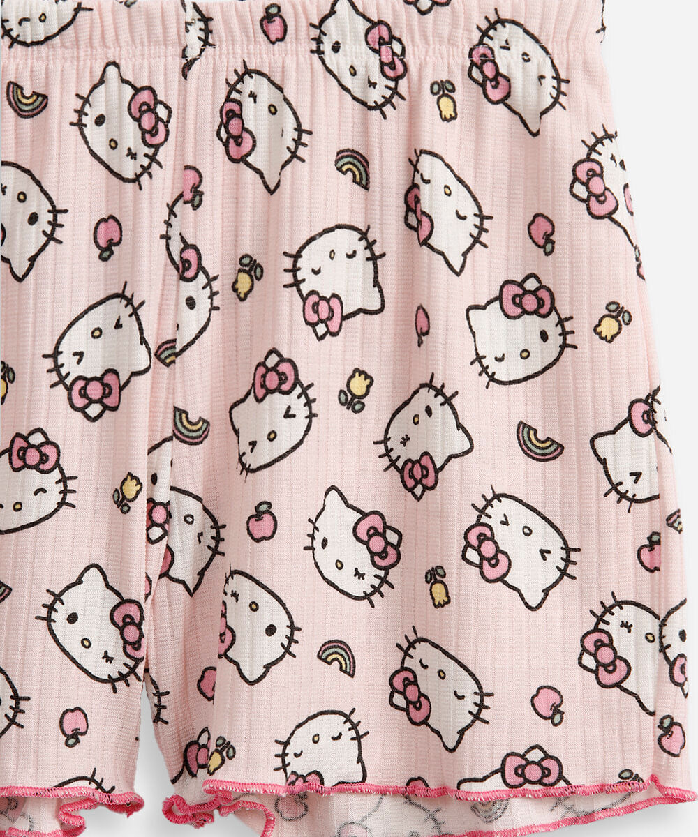 pijama curto infantil canelado hello kitty rosa