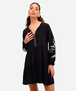 vestido curto feminino de viscose bordado floral preto