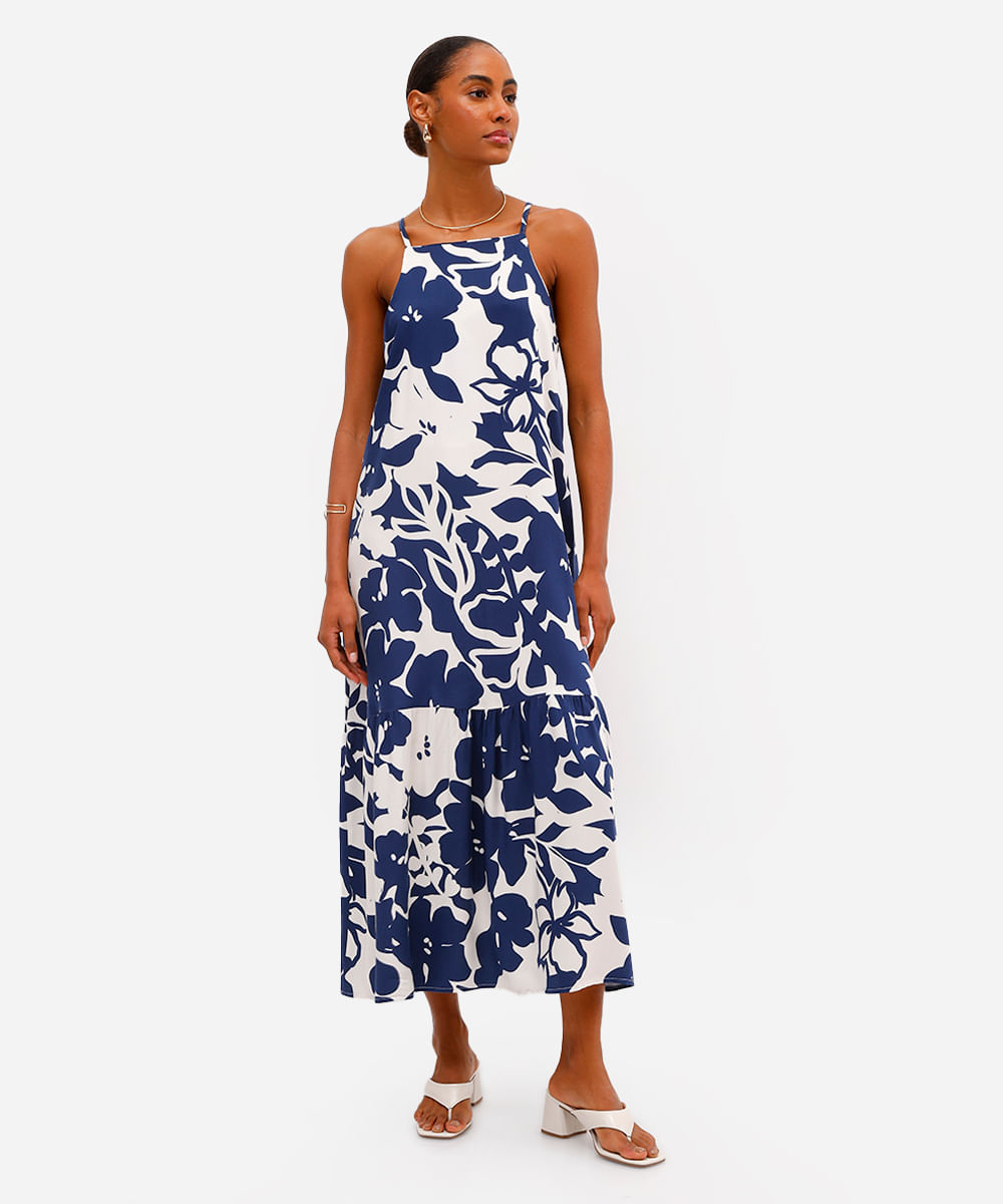 vestido midi feminino de viscose floral azul