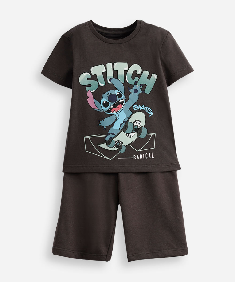 conjunto infantil manga curta stitch cinza
