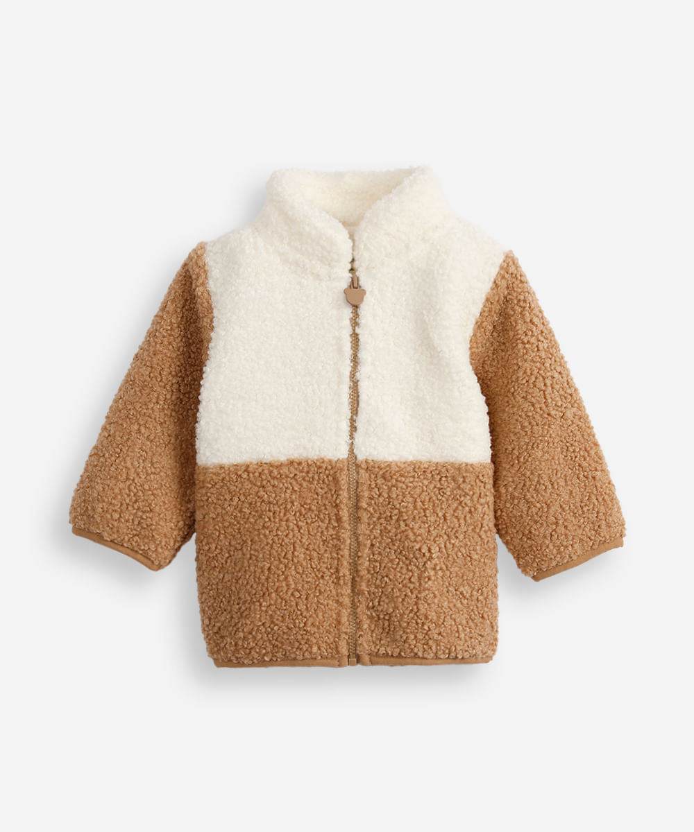 jaqueta infantil pelúcia mangas longas bege