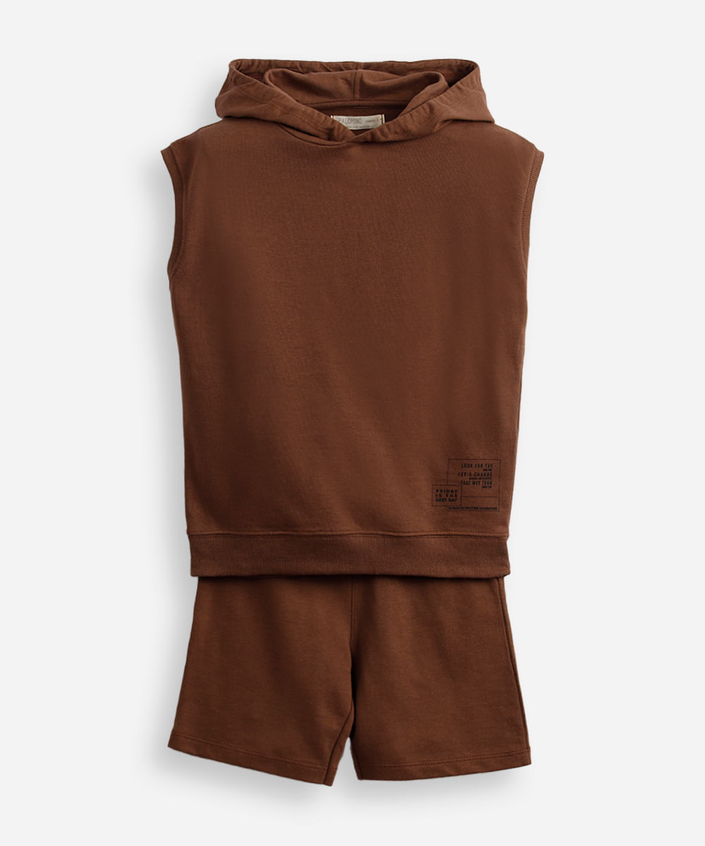 conjunto de moletom infantil regata com capuz - marrom