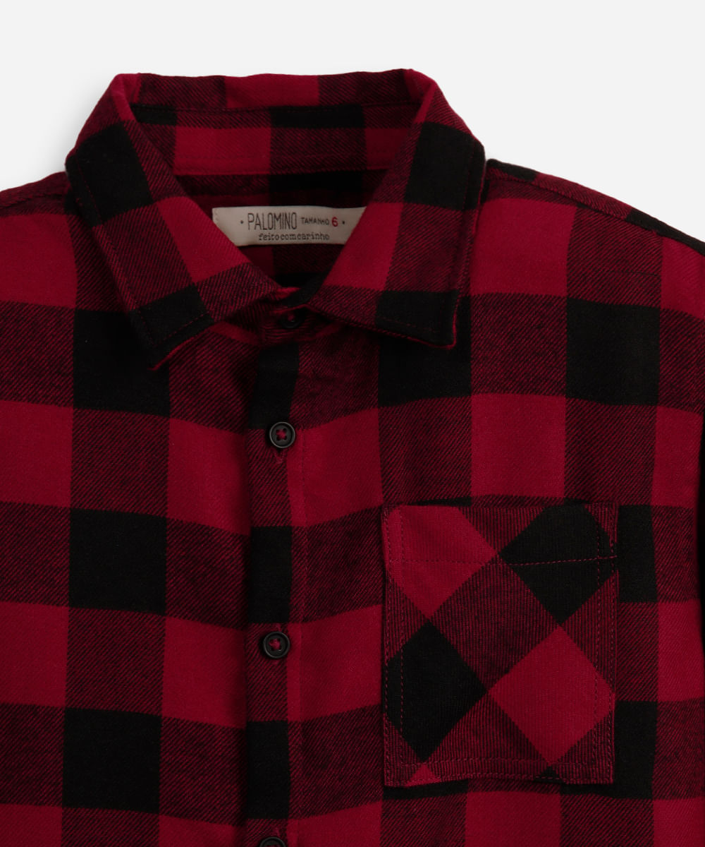 camisa de algodão infantil manga longa xadrez vermelha