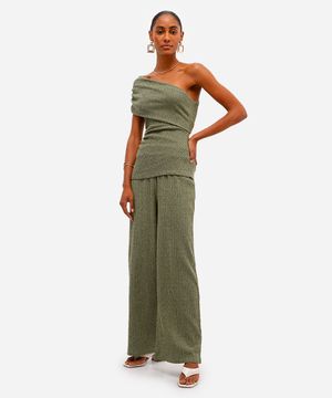 calça pantalona feminina texturizada verde