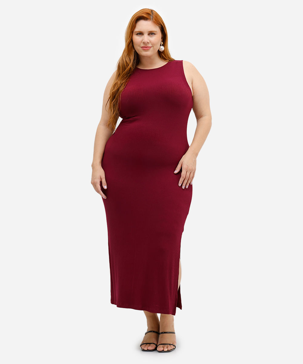 vestido midi feminino decote canoa canelado plus size vinho