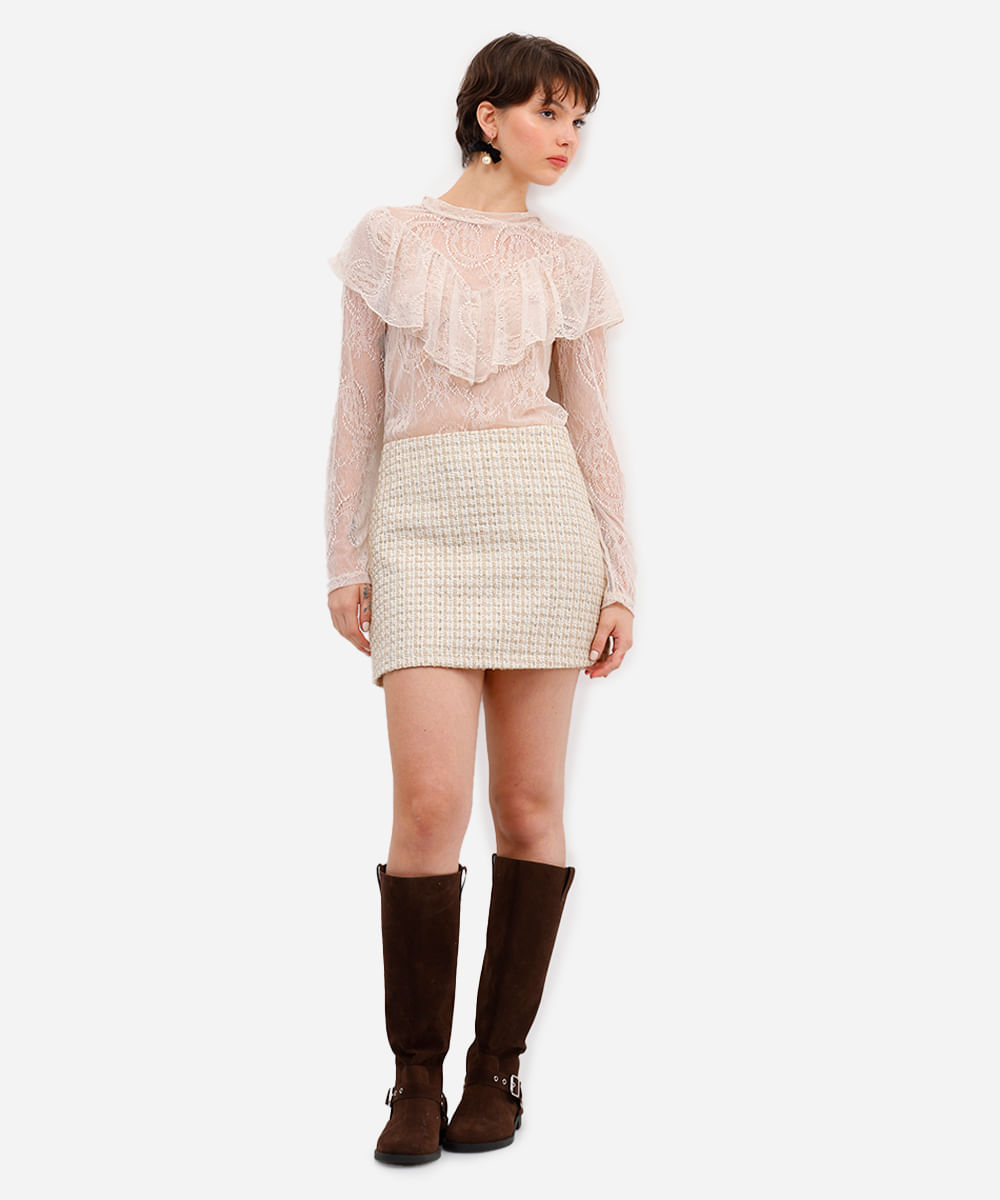 bata feminina de renda com babado floral bege