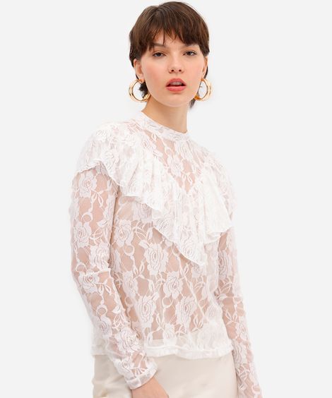 bata feminina de renda com babado floral off white