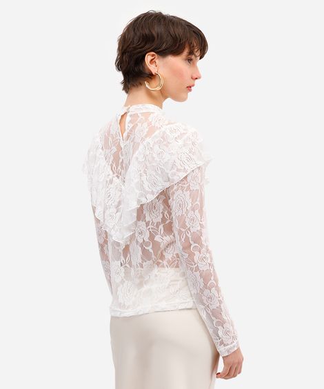 bata feminina de renda com babado floral off white