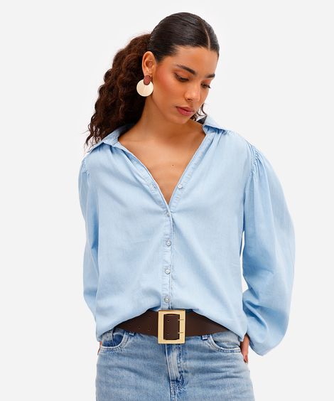 camisa feminina jeans manga bufante azul