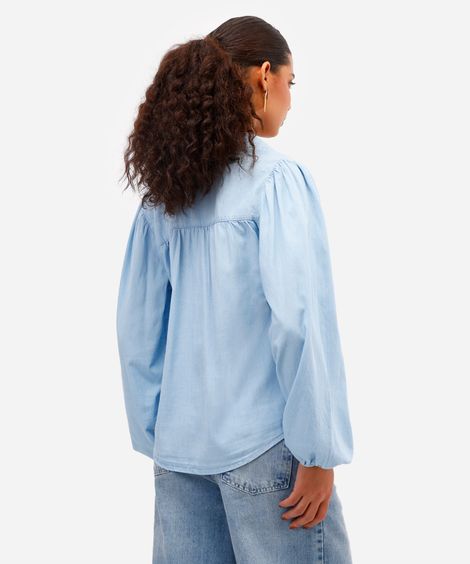 camisa feminina jeans manga bufante azul