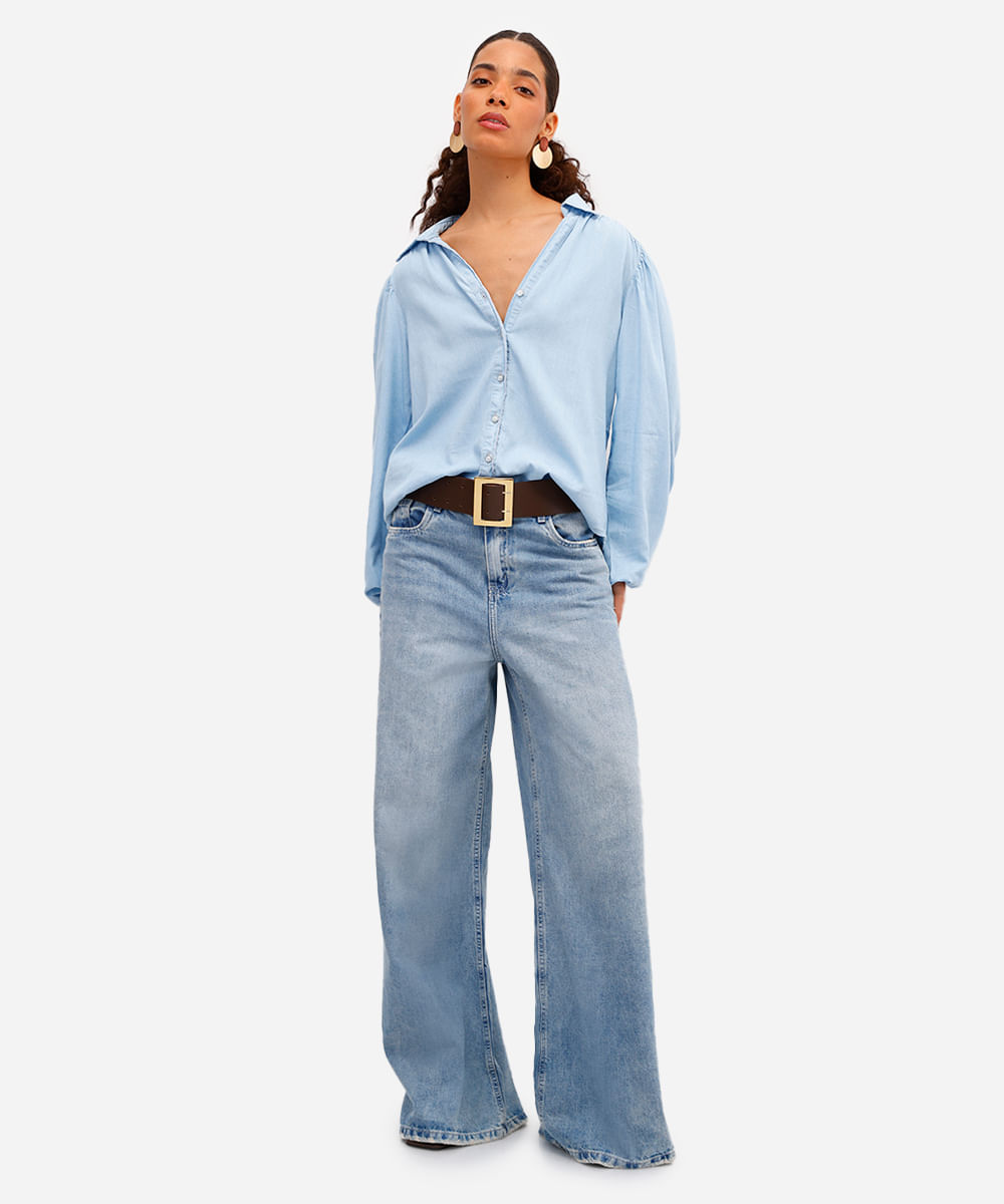 camisa feminina jeans manga bufante azul