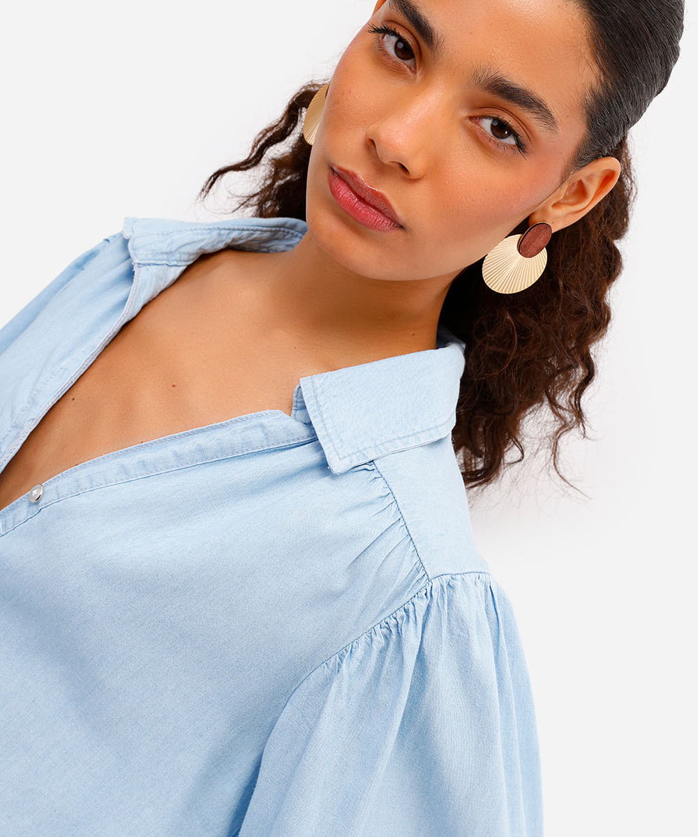 camisa feminina jeans manga bufante azul
