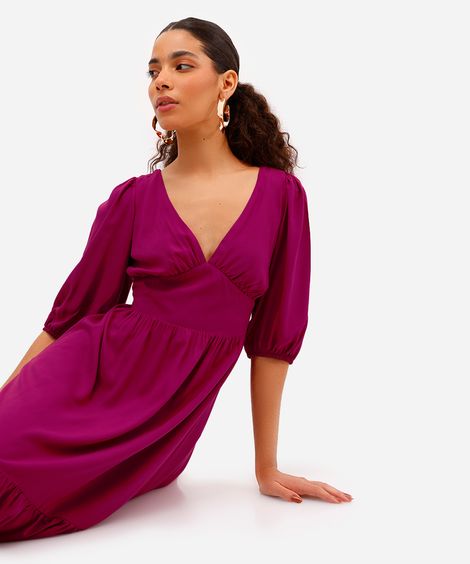 vestido midi feminino de viscose manga bufante com recorte rosa