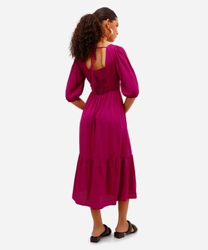 vestido midi feminino de viscose manga bufante com recorte rosa