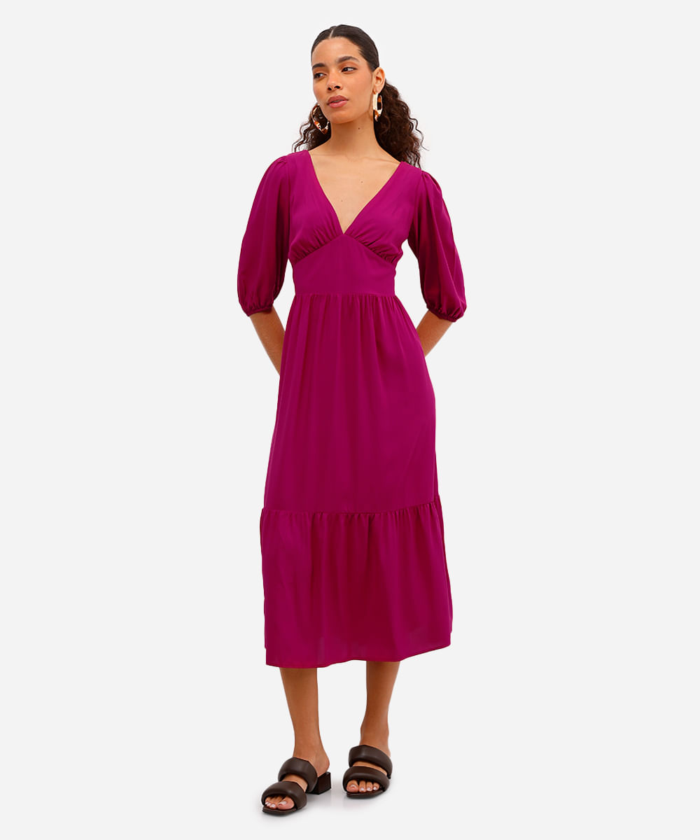 vestido midi feminino de viscose manga bufante com recorte rosa