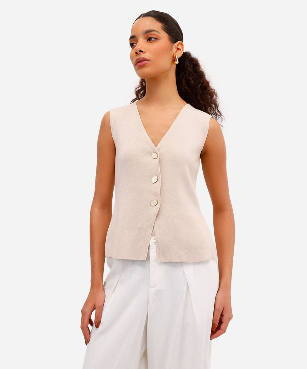 colete feminino de tricot alongado bege