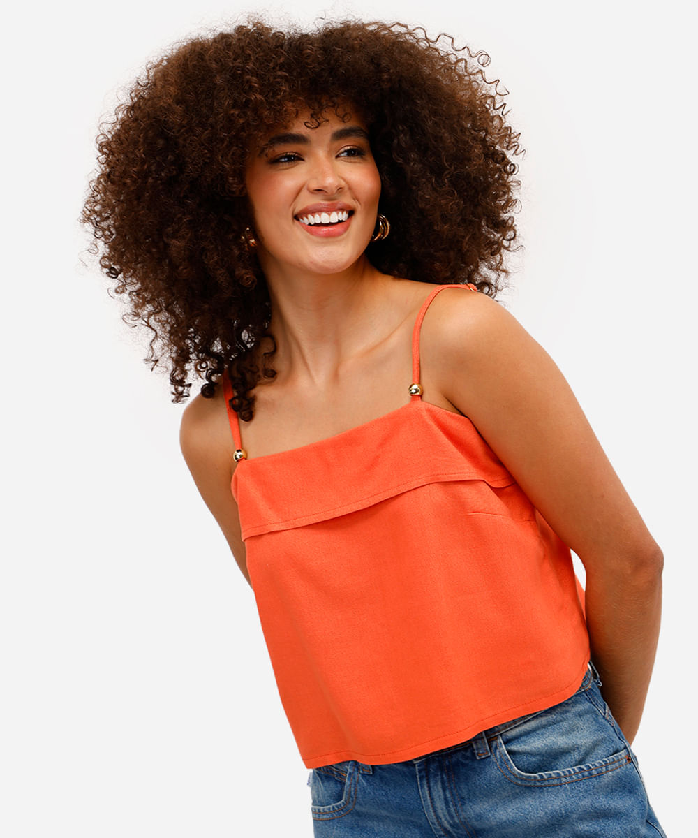 blusa feminina alça fina com linho laranja