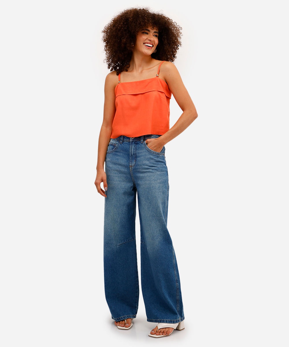 blusa feminina alça fina com linho laranja