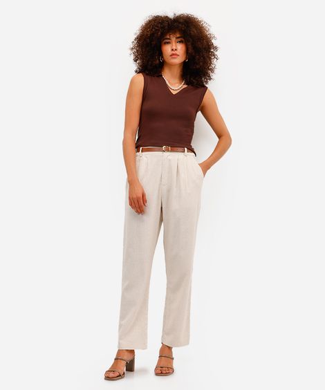 calça cenoura feminina com linho e cinto bege