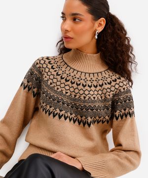 suéter feminino de tricot gola alta étnico bege