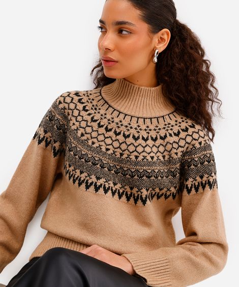 suéter feminino de tricot gola alta étnico bege
