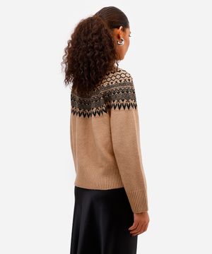 suéter feminino de tricot gola alta étnico bege