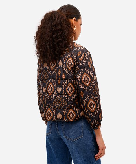 jaqueta puffer feminina estampada preta