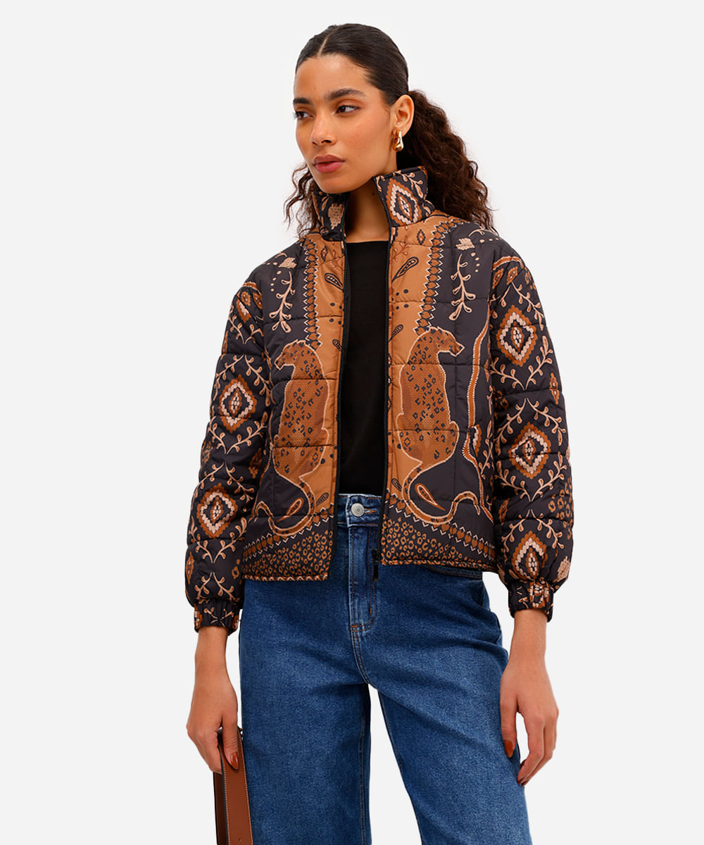 jaqueta puffer feminina estampada preta