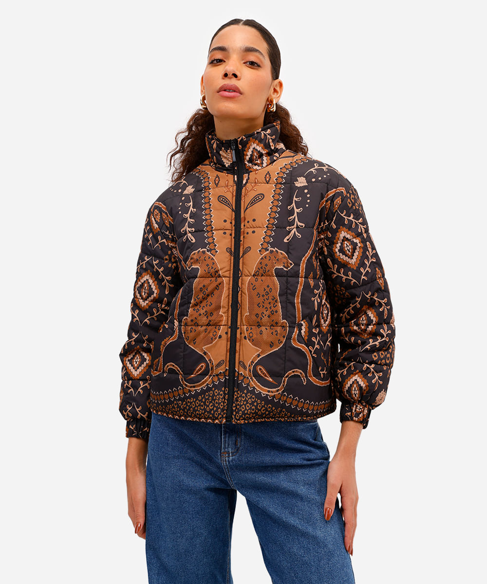 jaqueta puffer feminina estampada preta