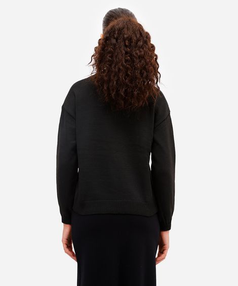 suéter feminino de tricot com bordado floral preto
