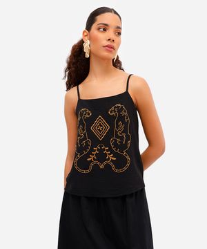 blusa feminina alça fina com bordado preta