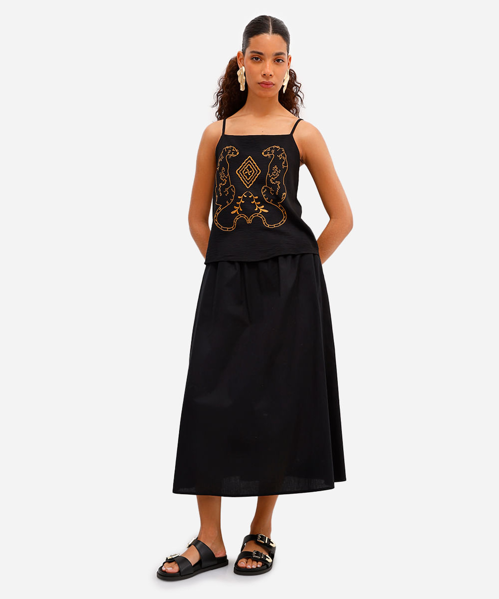 blusa feminina alça fina com bordado preta