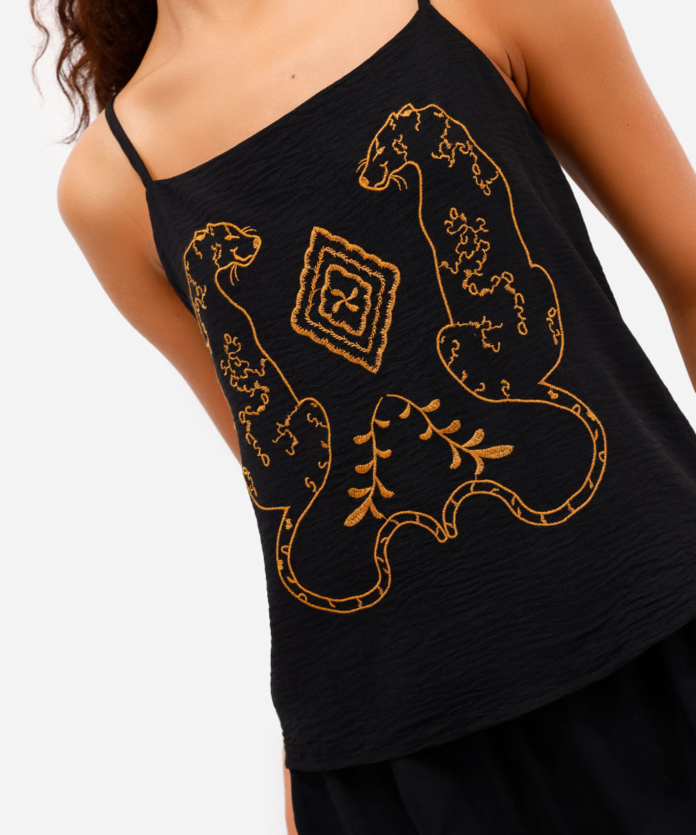 blusa feminina alça fina com bordado preta