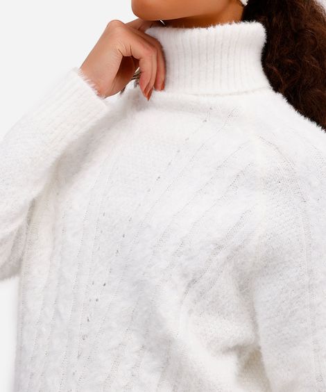 suéter feminino de tricot gola alta texturizado off white