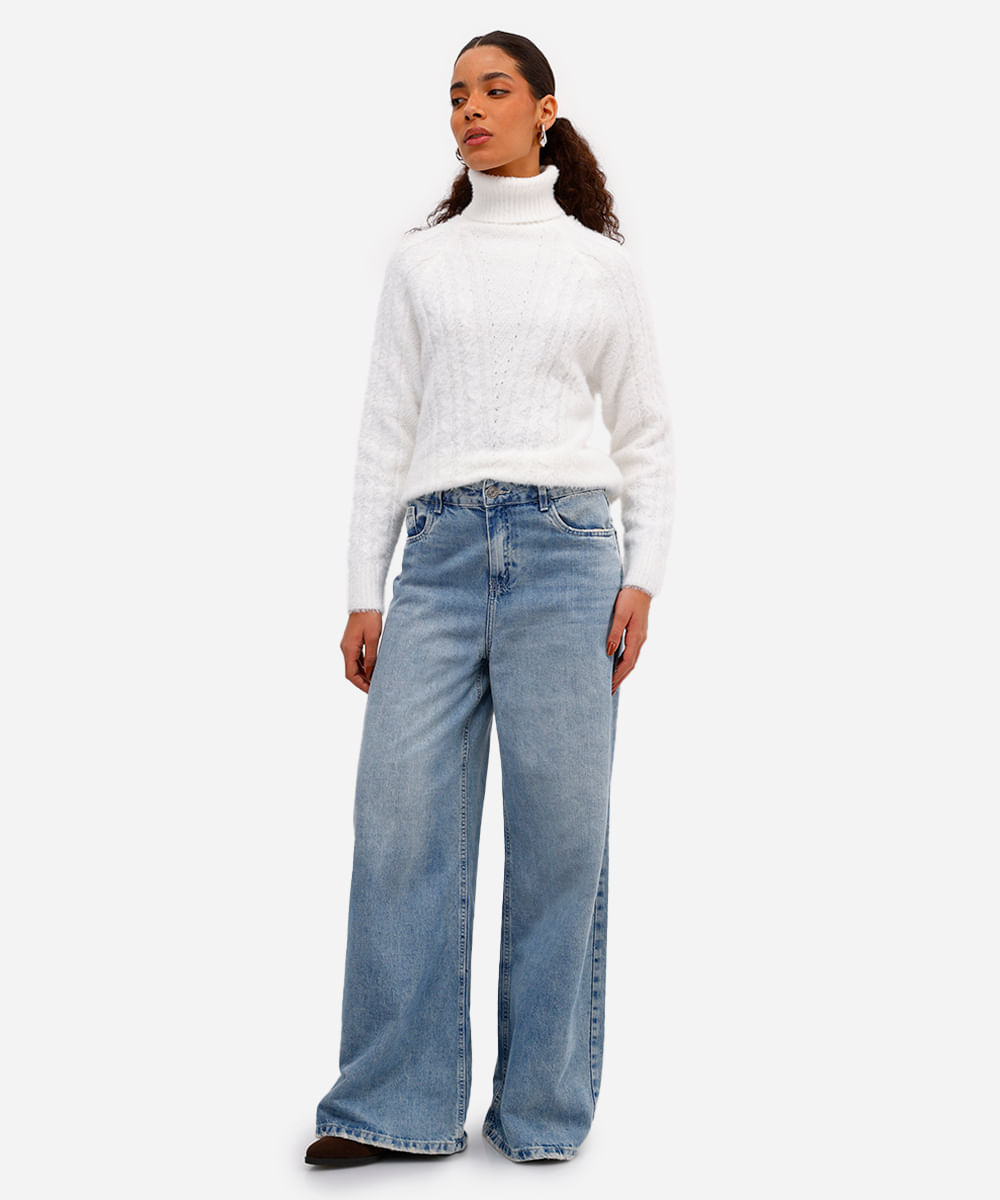 suéter feminino de tricot gola alta texturizado off white