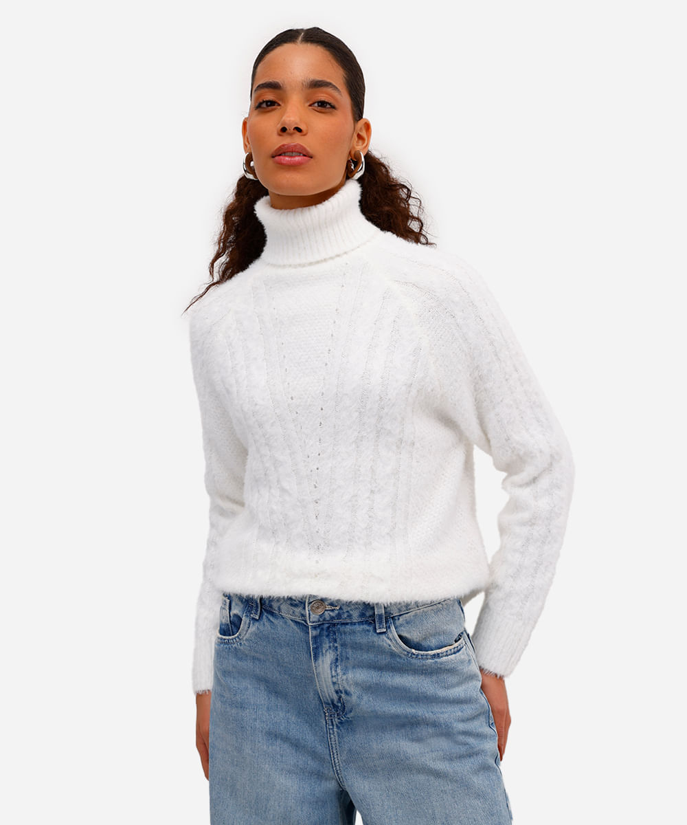suéter feminino de tricot gola alta texturizado off white