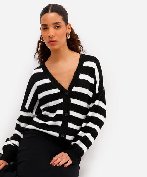 cardigan feminino de tricot listrado texturizado preto