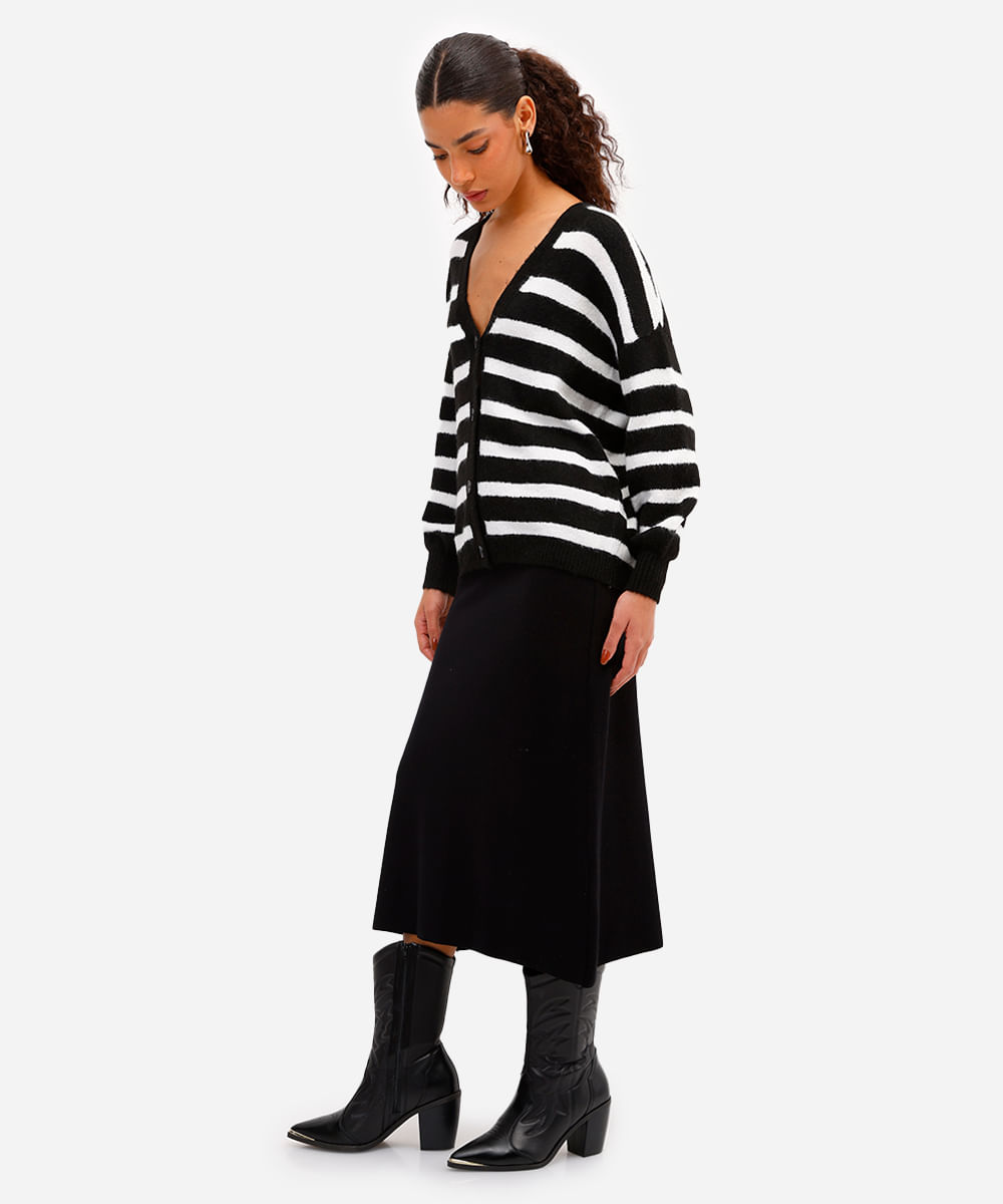 cardigan feminino de tricot listrado texturizado preto