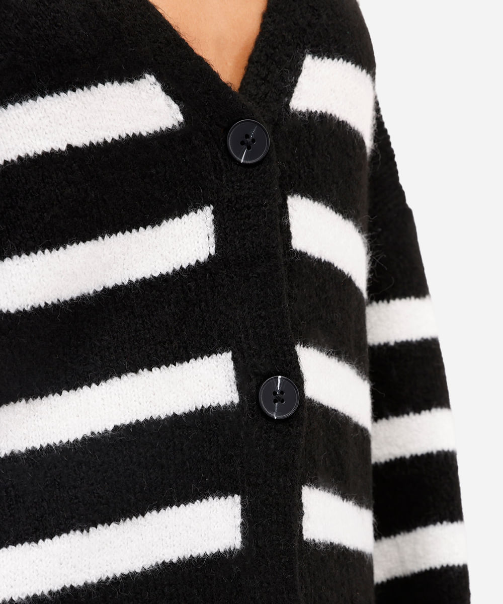 cardigan feminino de tricot listrado texturizado preto