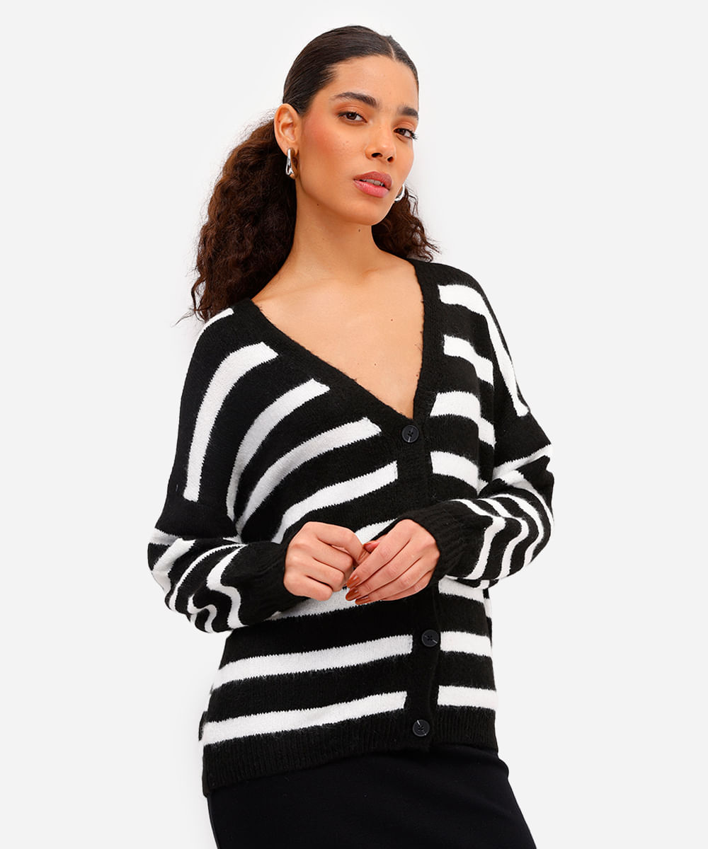 cardigan feminino de tricot listrado texturizado preto