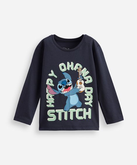 camiseta infantil manga longa algodão stitch azul