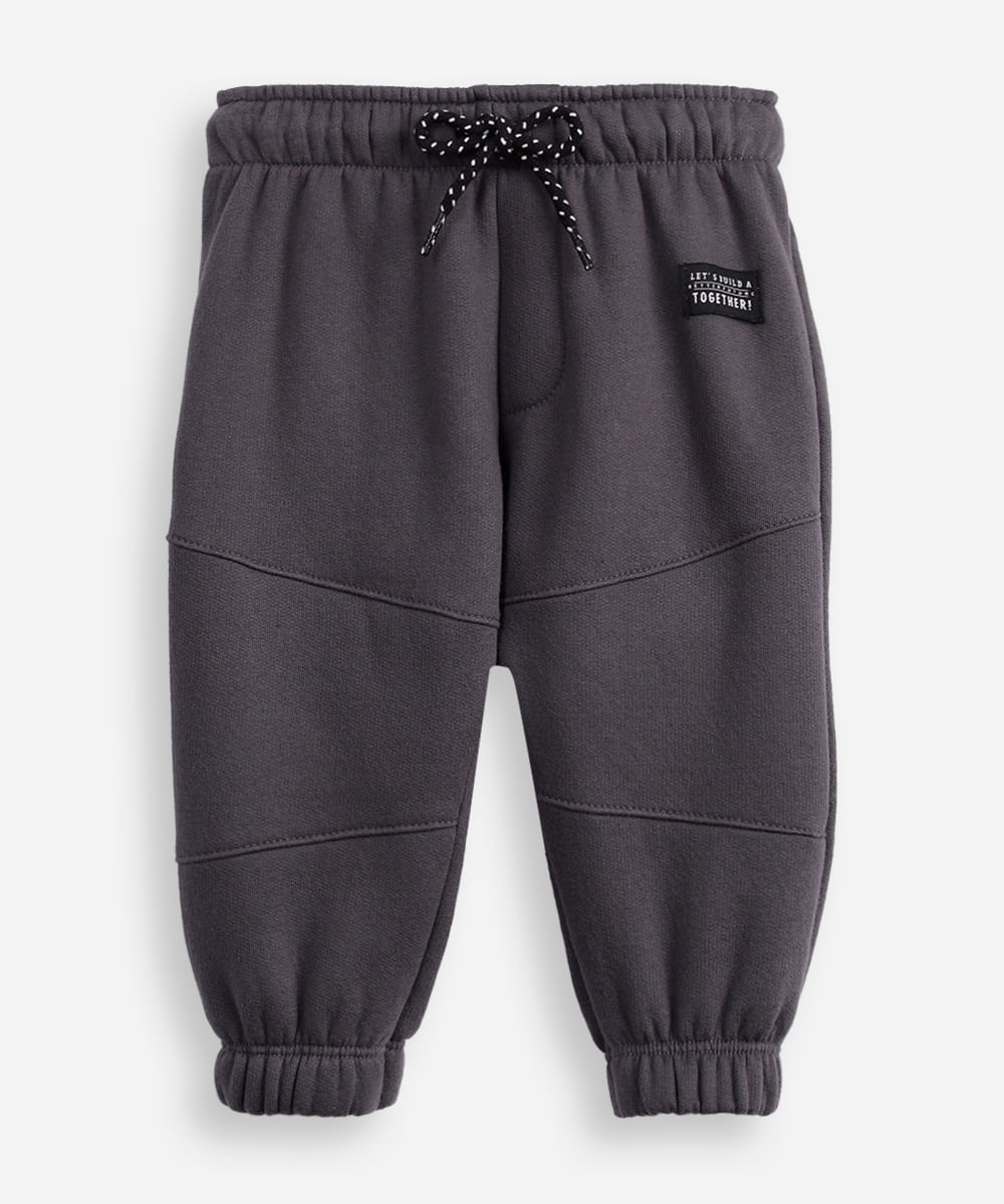 calça jogger de moletom infantil recortes cinza